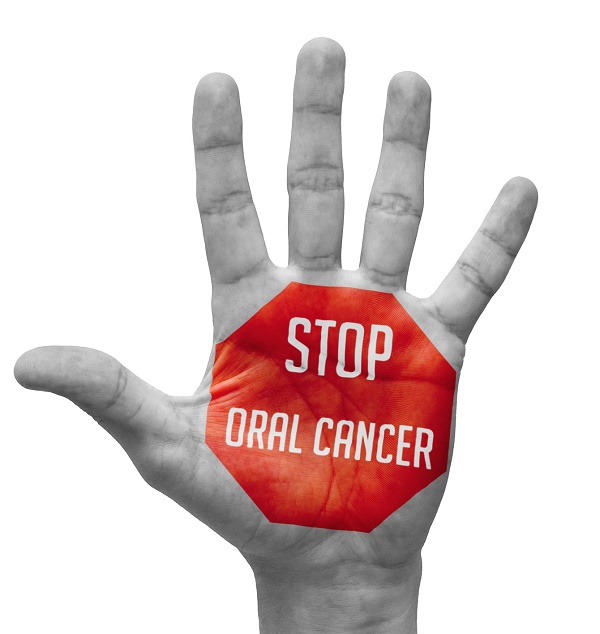 Stop Oral Cancer Sign Painted - Open Hand Raised, Isolated on White Background.